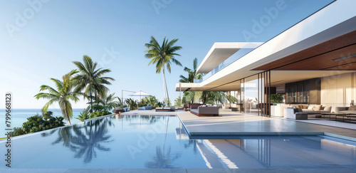 modern two story beach house with pool, 3d render, blue water, interior design, large windows and sliding doors, modern architecture, tropical setting, palm trees in background © Kien