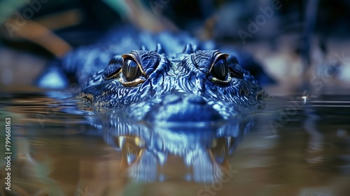 Alligator Eyes Above Water in Twilight Blue. Close-up of an alligator's eyes above the water surface, casting a haunting presence in the twilight blue ambiance.