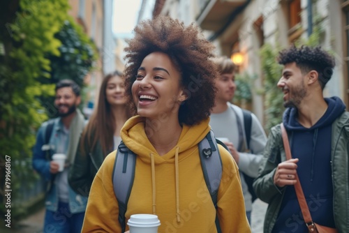 Portrait of smiling young woman with curly hair and backpack walking on the street with friends