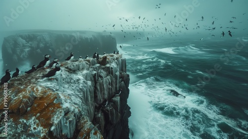 Puffins on Cliff Over Stormy Ocean Waves. Atlantic puffins perched on a rugged cliff as waves crash below them, surrounded by a dynamic, stormy seascape.