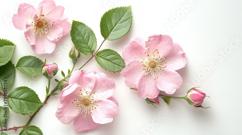 A pink wild rose branch in bloom  with green foliage and bloom  buds is depicted over a white setting nicely adorned lovely flower and space  Generative AI.