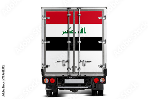 A truck with the national flag of  Iraq depicted on the tailgate drives against a white background. Concept of export-import, transportation, national delivery of goods