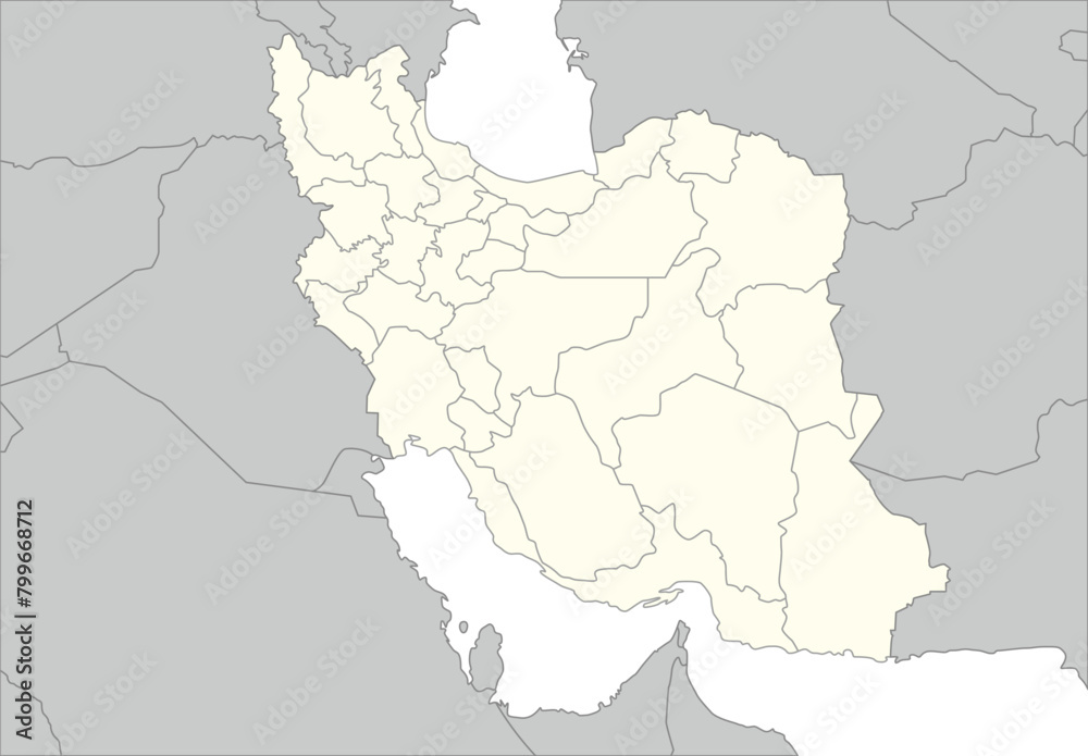 イラン・イスラム共和国と周辺国の白地図、州境入り