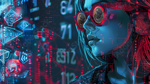 Woman software engineer cyberpunk crypto market bitcoin trading bitcoin logo glasses