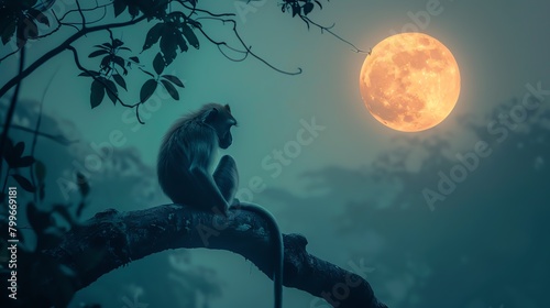 A serene scene of a monkey with its tail wrapped around the glowing moon photo