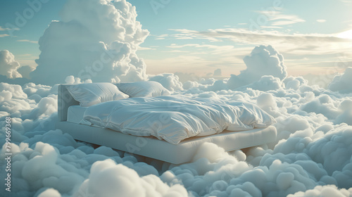 bed drifts among soft, fluffy clouds, creating an otherworldly scene that blurs the boundaries between dreams and reality.......