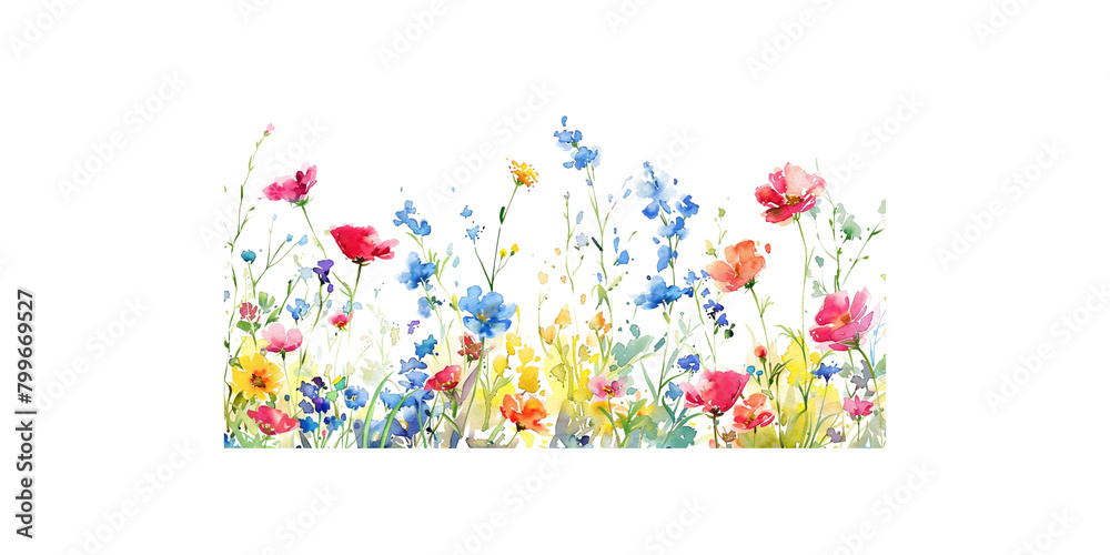 
watercolor wildflowers, field of flowers, petals and leaves, colorful, white background