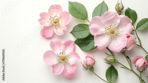 A pink wild rose branch in bloom  with green foliage and bloom  buds is depicted over a white setting nicely adorned lovely flower and space  Generative AI.