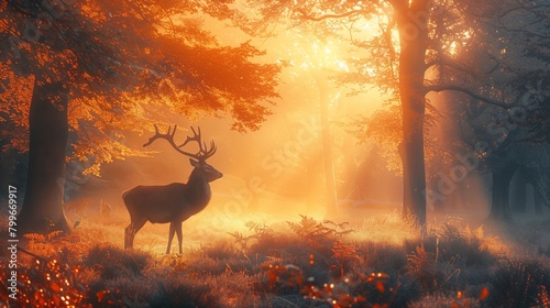 Deer Bathed in Misty Forest Sunrise. Single deer stands in the ethereal glow of a misty forest at sunrise, creating a tranquil and picturesque scene.