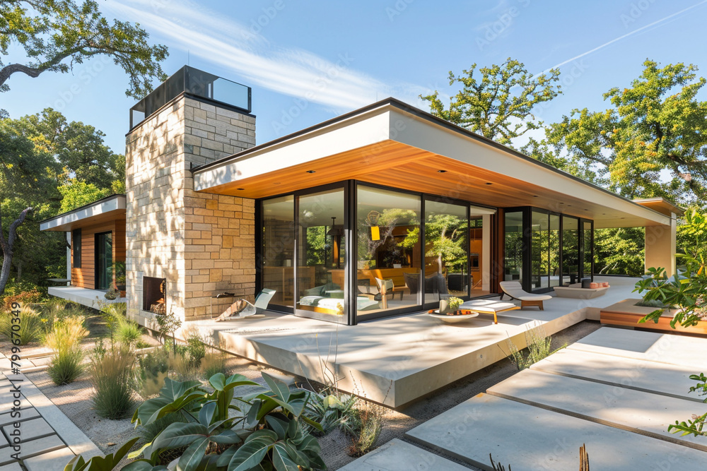 A contemporary bungalow with seamless indoor-outdoor living spaces, set in a sun-drenched landscape.