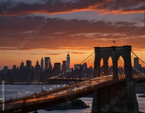 New York City - sunset over manhattan and brooklyn bridge.