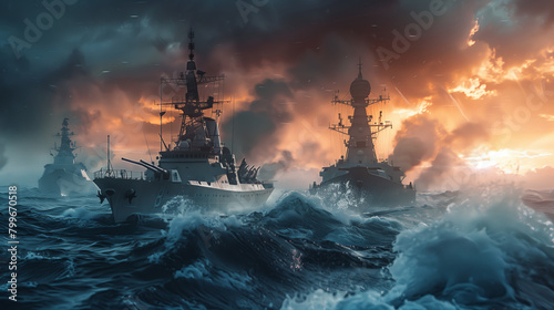military ships in the sea. dramatic action