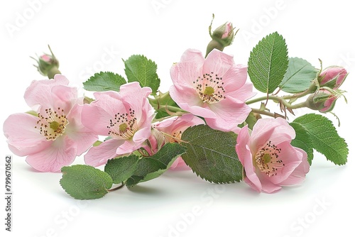 A pink wild rose branch in bloom, with green foliage and bloom buds is depicted over a white setting nicely adorned lovely flower and space, Generative AI.