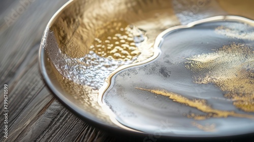 A shallow dish with a lustrous metallic glaze effect in shades of silver and gold giving off a modern and luxurious vibe..