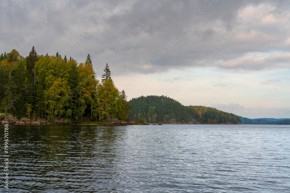 Lake Ladoga near the village Lumivaara on a sunny autumn day, Ladoga skerries, Lakhdenpokhya, Republic of Karelia, Russia Lake Ladoga near the village Lumivaara on a sunny autumn day, Ladoga skerries, Lakhdenpokhya, Republic of Karelia, Russia