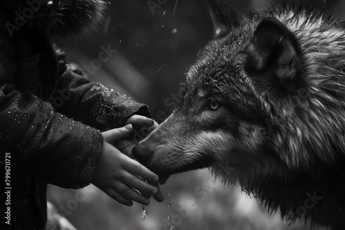 The tiny hands of a child supporting the weight of an enormous, gentle wolf