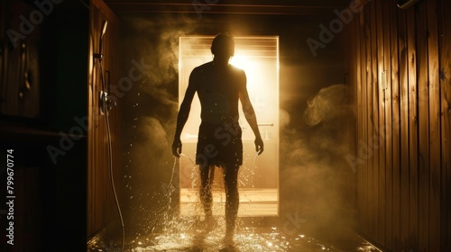 A person stepping out of the sauna to take a cool shower signaling the proper way to cool down before reentering.. photo