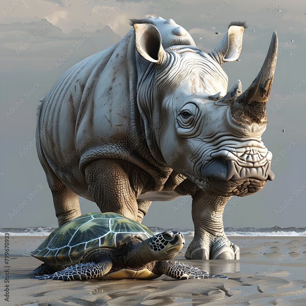 Fototapeta premium Powerful rhinoceros and curious sea turtle coexisting in a tranquil tropical landscape
