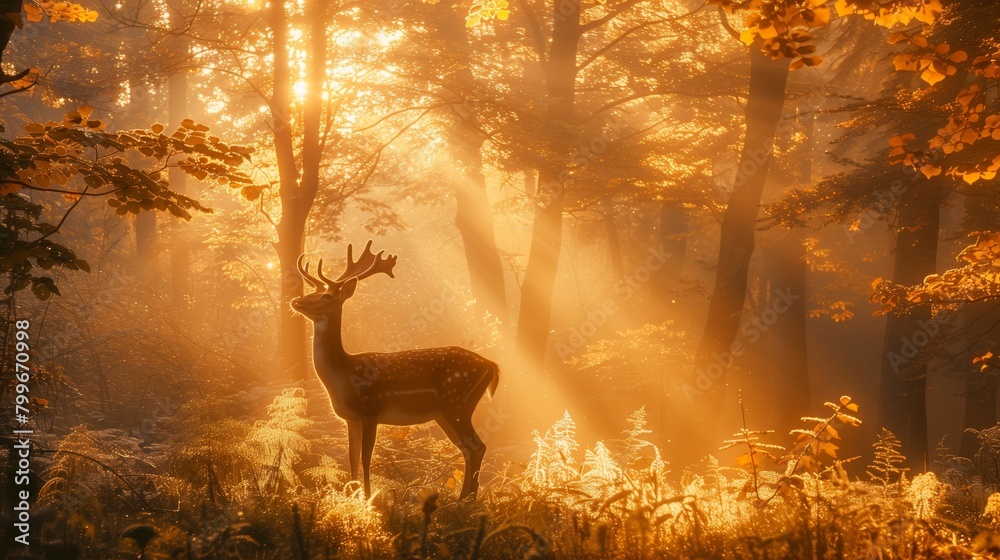 Stag in Sunlit Misty Forest. Alone stag stands alert in a misty, sunlit forest, with beams of light filtering through the trees creating an enchanting scene.