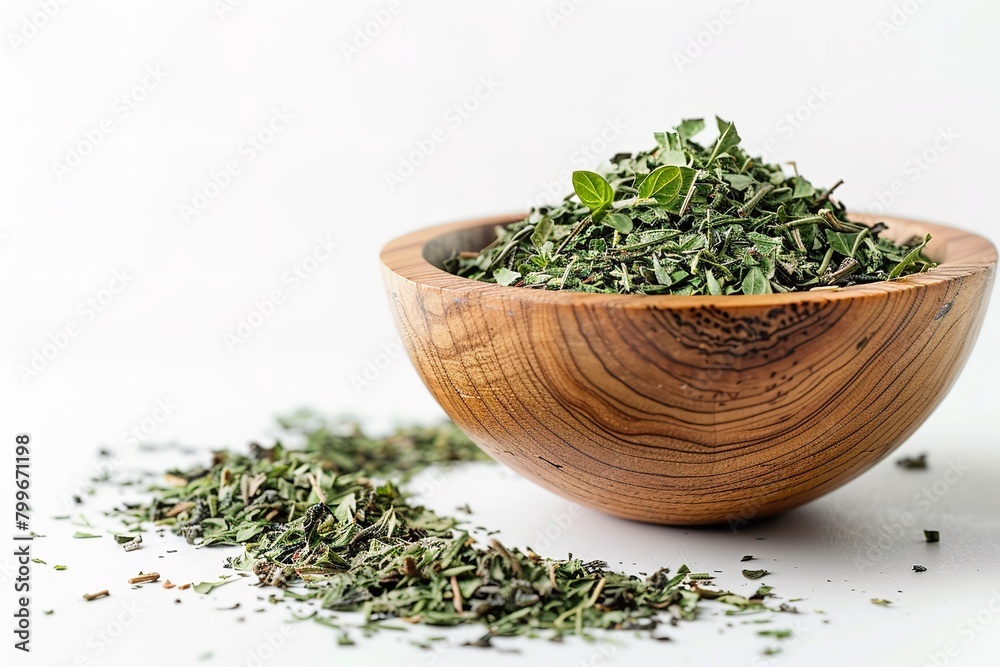 Overhead view of dried lemon verbena leaves on a wooden bowl with a big space for text or product advertisement background, Generative AI.