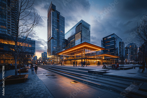 Innovative architecture of a new public library stands out in the cityscape as evening dusk sets in. photo