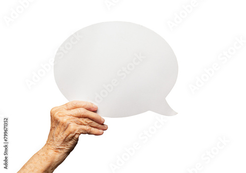 Close-up of a senior woman's hand holding a blank white speech bubble against a transparent background.