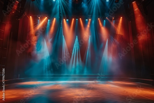 Event stage light background with spotlight illuminated stage for performance show. Empty stage with warm ambiance colors backdrop decoration. Stage lighting design. Entertainment  Generative AI