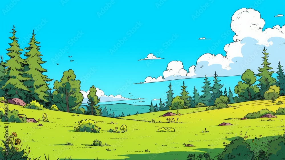 Fototapeta premium Nature Landscape with Blue Sky. Nature landscape with blue sky clouds wallpaper. Cartoon illustration of a road in a field with blue sky and clouds. Grass Field landscape with blue sky and white cloud