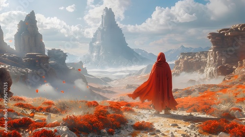 Solitary Traveler Amidst Fantastical Ruins in Dramatic Crimson Hued Landscape photo