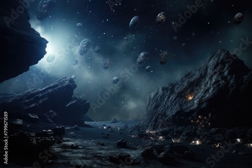 Asteroid Haunt: Ghostly beings floating among asteroids in a desolate region.