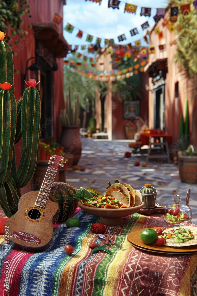 Cinco de Mayo Extravaganza Lively 3D Scene with Cactus and Mexican Delights