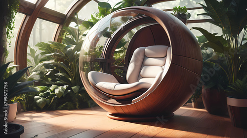 futuristic sci-fi pod chair, Flat Design, Product-View, editorial photography, transparent orb, product photography, natural lighting, plants, natural daytime lighting, zbrush, 8k, natural wooden envi photo