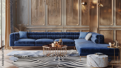 A panoramic view capturing the entire breadth of a living room with a cobalt blue velvet sofa, an elegant rose gold coffee table, and subtle gold wall accents.  photo