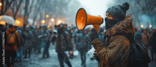 A protestor wearing a mask and beanie speaks through a megaphone at a protest. AI. photo