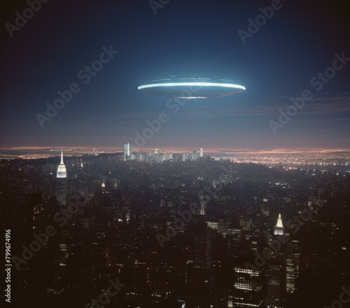 A UFO hovers over a city at night. AI.