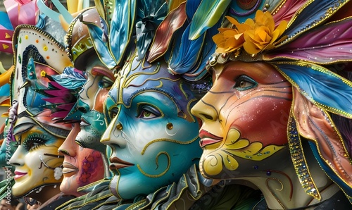Colorful carnival masks at a traditional festival in Venice, Italy. Colorful Carnival Parade Celebration. Joyous Carnival Parade Festivities
