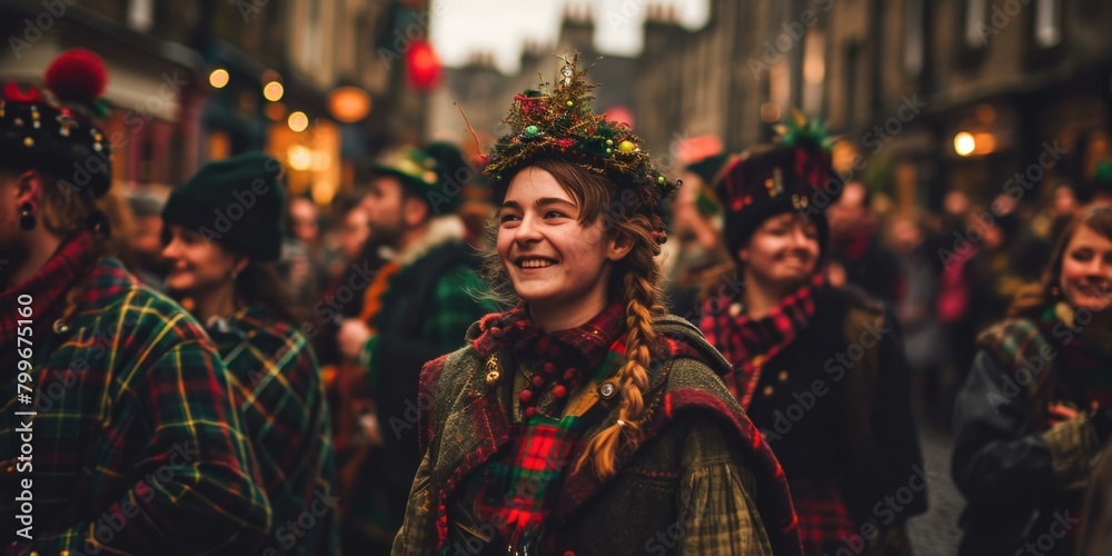 A young woman wearing a traditional Scottish outfit smiles as she walks down a crowded street during a festival. AI.