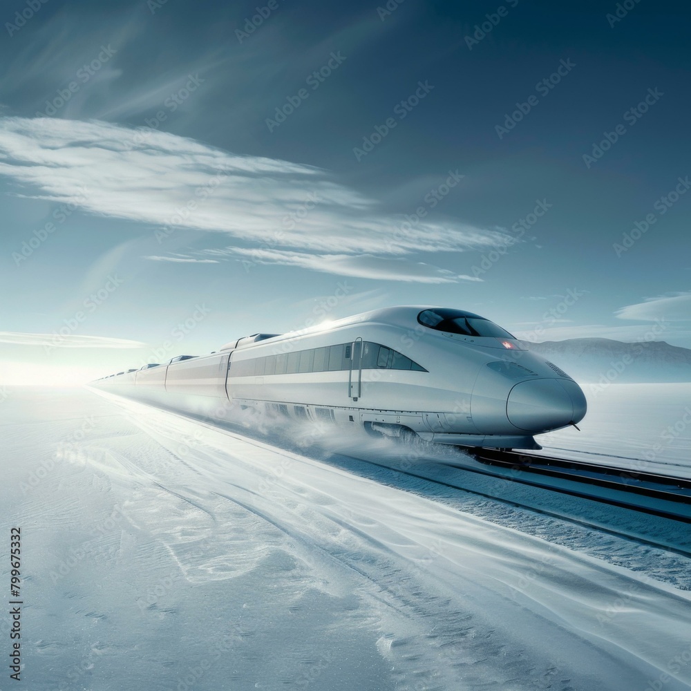 Fototapeta premium A high-speed train travels through a snowy landscape. AI.