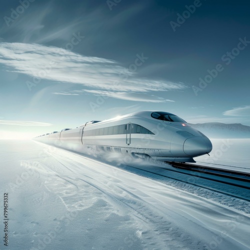 A high-speed train travels through a snowy landscape. AI.
