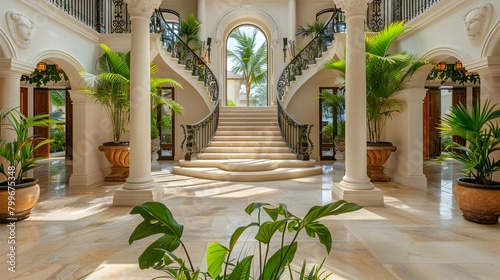 Luxurious Tropical Palazzo with Ornate Marble Interiors and Lush Greenery