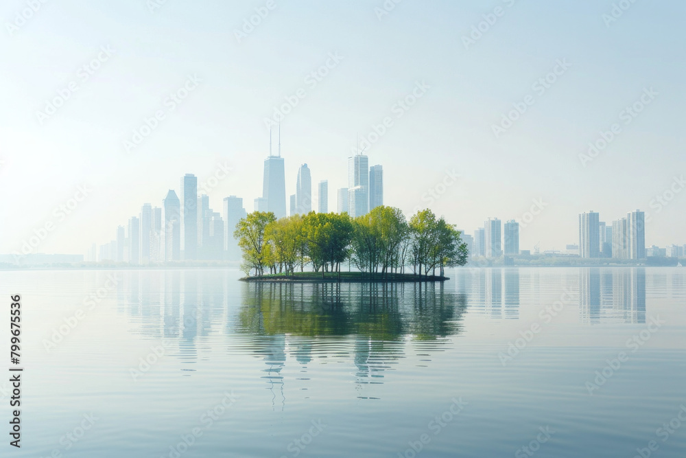 Fototapeta premium Minimalist cityscapes with a focus on the natural elements that coexist within urban environments, such as parks, trees, and waterfronts, against a simple sky backdrop. 