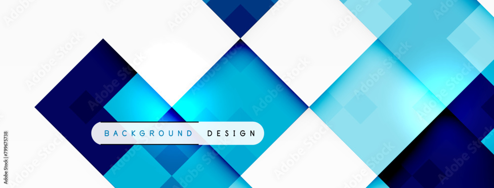 The blue and white background features squares, triangles, rectangles, and lines in aqua hues. The font used is electric blue with tints and shades creating symmetry and parallel patterns