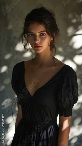 Portrait of a beautiful young woman in a black dress looking at the camera with a serious expression. AI.