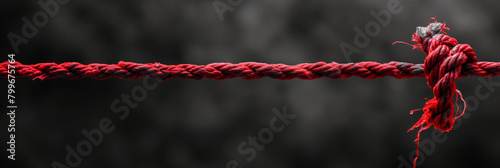 Close-up image of a red rope fraying in the center, depicting the concept of tension and fragility against a monochrome backdrop photo