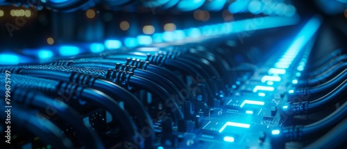 Rows of fiber optic cables glowing in blue light. AI.