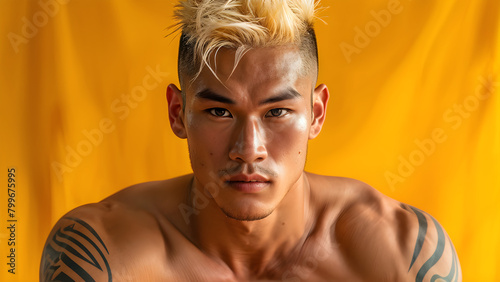 Dynamic Yellow Muay Thai Athlete's Asian Essence, Confident Combat Fighter's Locks, Athletic Strength Yellow-Haired Asian in Muay Thai, Fierce Fighter Asian Muay Thai Athlete with Yellow Hair