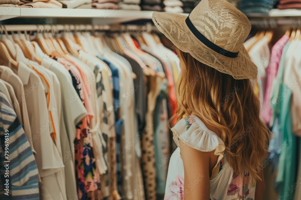 Summer fashion, A woman browsing through dresses on rack in fashion store