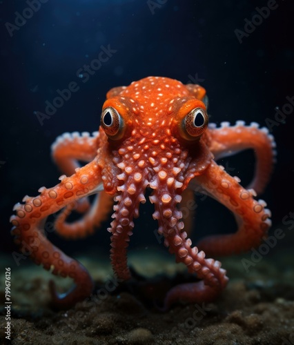 A red octopus is staring at the camera. AI.