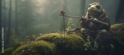 A wise old frog sits on a mossy rock in the forest, smoking a pipe and contemplating life. AI.