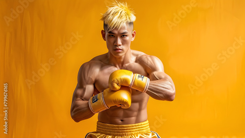 Dynamic Yellow Muay Thai Athlete's Asian Essence, Confident Combat Fighter's Locks, Athletic Strength Yellow-Haired Asian in Muay Thai, Fierce Fighter Asian Muay Thai Athlete with Yellow Hair